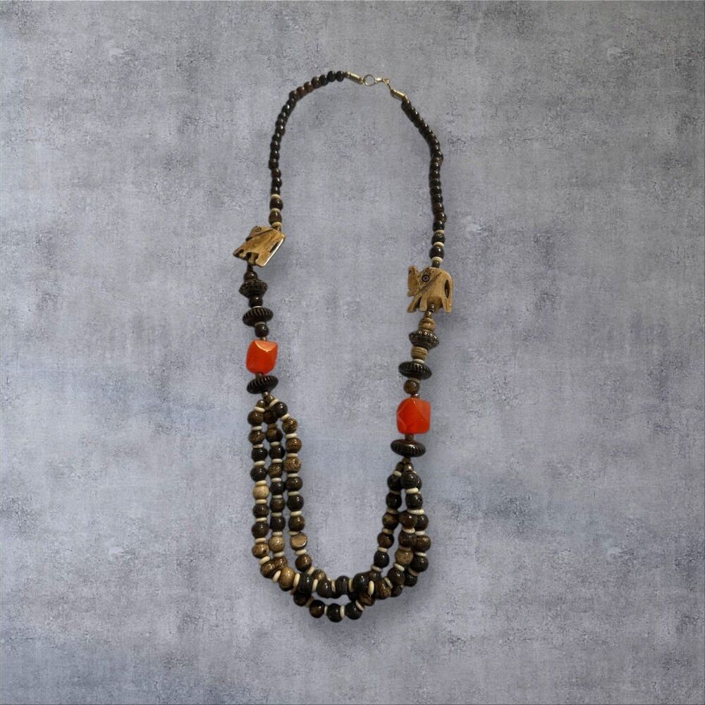 Vintage Boho Elephant Necklace Stone/Wooden Beads Long Tribal Statement 26”